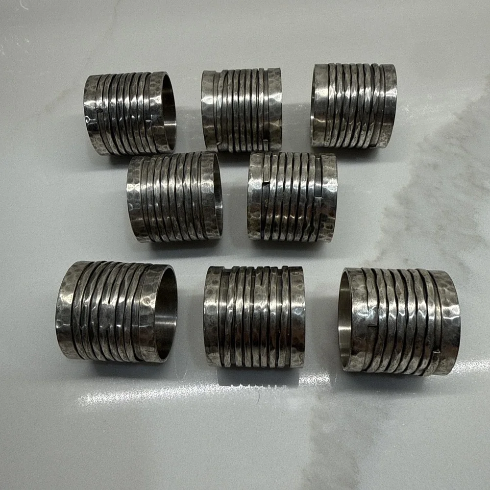 Vintage Brutalist Napkin Rings Set of 8 Pewter Tone Wrapped Coil Modernist